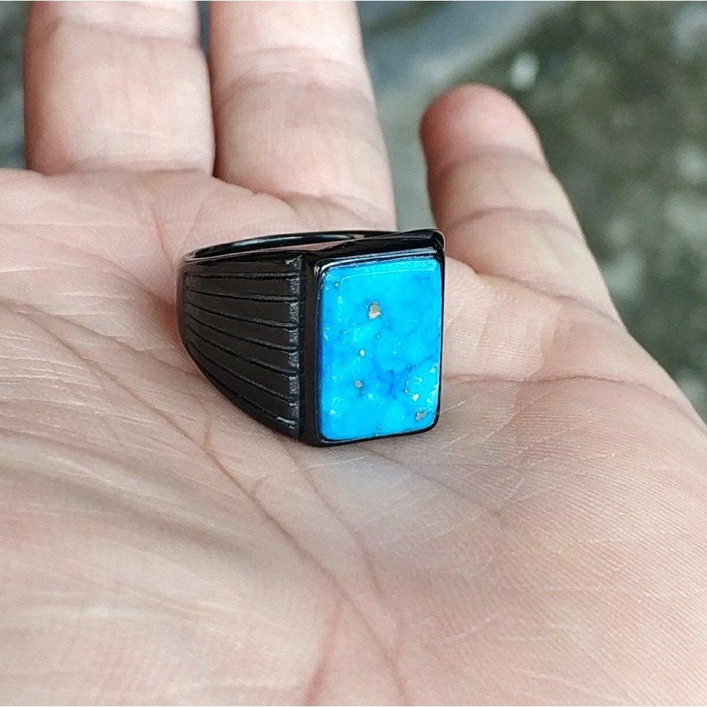 CINCIN BATU AKIK NATURAL PIRUS BIRU TURQUOISE MINIMALIS OCTAGON TITANIUM MINIMALIS