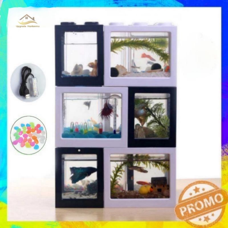 Aquarium Mini Lego Susun Ikan Cupang Hias Akrilik Aquascape Lampu Led Usb