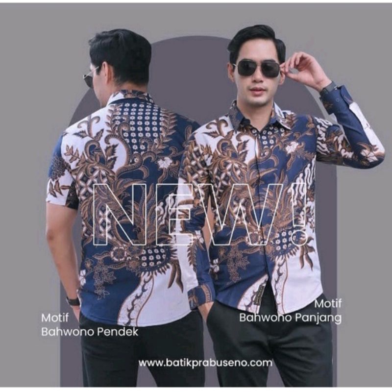 BAYUDARA BAHWONO NAVY PUTIH Hem Kemeja Batik Atasan Pria Lengan Panjang Slimfit Bahan Katun Premium Halus Berfuring /  Baju Batik Slimfit Cowok Terbaru