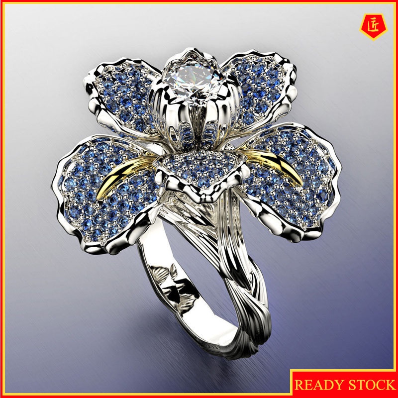 [Ready Stock]Micro-Inlaid Diamond Two-Tone Floral Ring Fashionable and Elegant