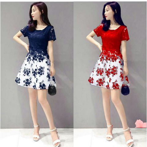 [Dress Flower Brukat Varian Warna RO] Dress Wanita Spandex Varian Warna