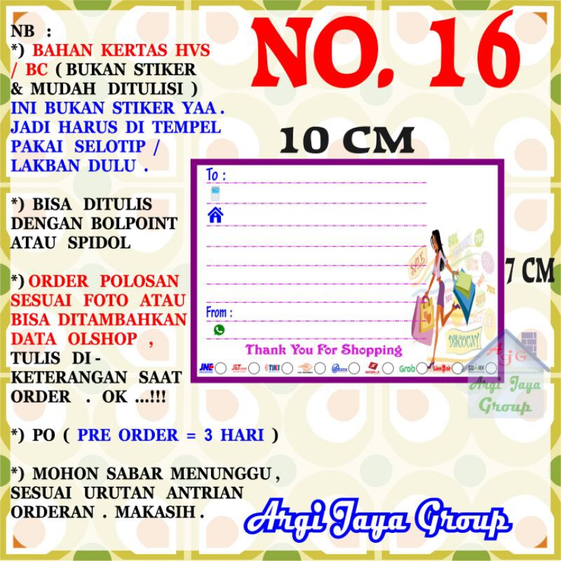 

Label Pengiriman Alamat Olshop Murah Nomer 16 - 10x7cm - Kertas BC (Manila)