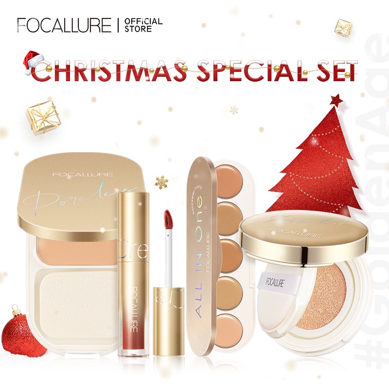 FOCALLURE 4PCS Makeup Set #GoldenAge Make Up Kit (Cushion Foundation + Lip Cream+Concealer Palette+Press Powder)