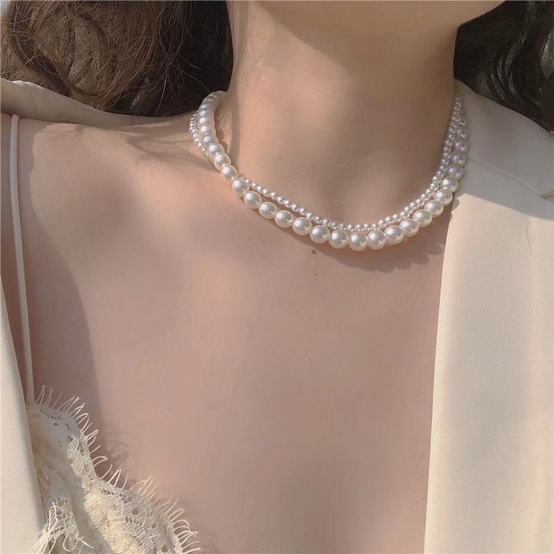 Elsa Double Layer Korean Pearl Necklace Kalung Tumpuk Multilayer Mutiara Dua Lapis Gaya Korea