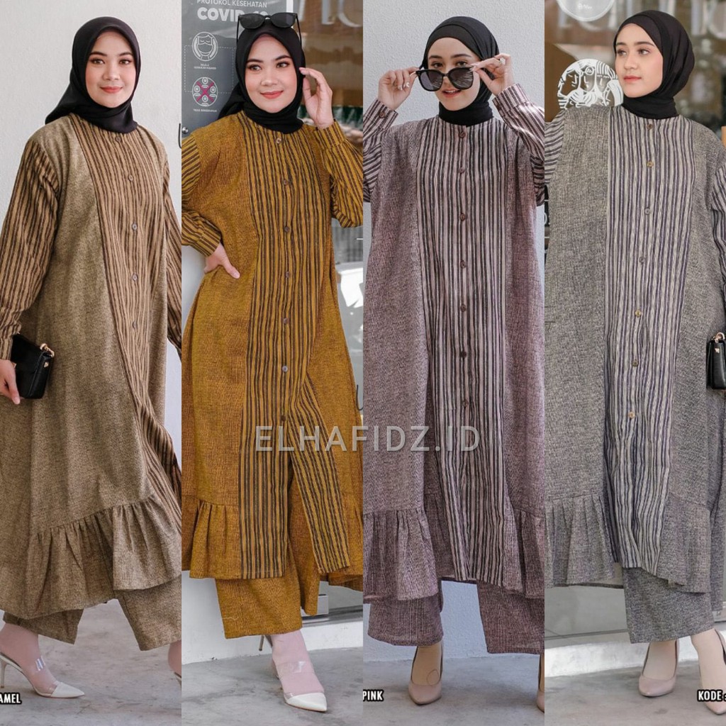 Vente Daily Atiqa One Set Jumbo Katun Motif Stripe / Setelan Wanita LD 120 / Long Tunik Big Size
