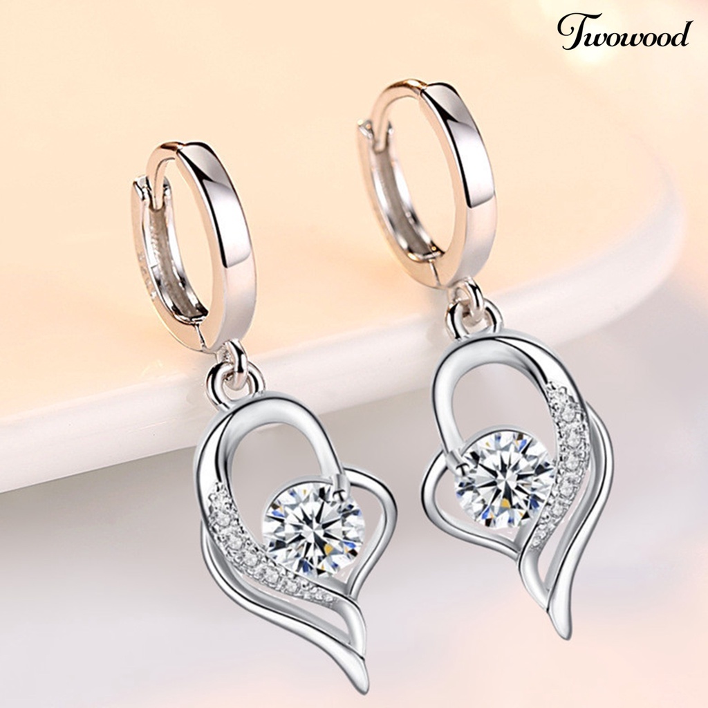 Twowood 1 Pair Women Earrings Heart Shape Shiny Faux Crystal High Quality Drop Earrings for Wedding