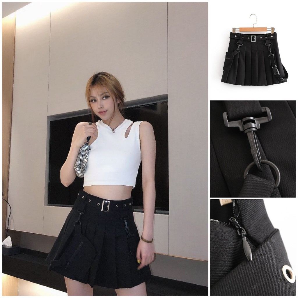 ROK TENNIS HITAM WANITA MODEL HYPE DENGAN BELT KPOP DANCE VEN8806