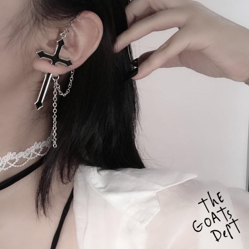 The Goats Dept - Black Punk Cross Chain Earring Original / tgd92 anting salib hitam stainless titani