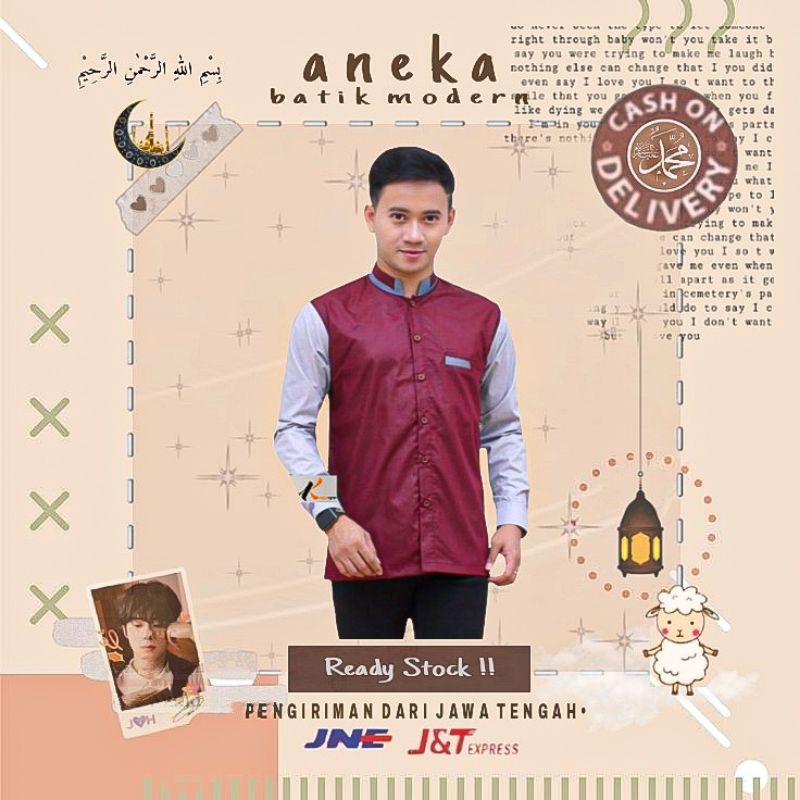 ATASAN BAJU KOKO MUSLIM PRIA MOTIF MINIMALIS WARNA MERAH MAROON KOMBINASI ABU SILVER GREY LEBARAN
