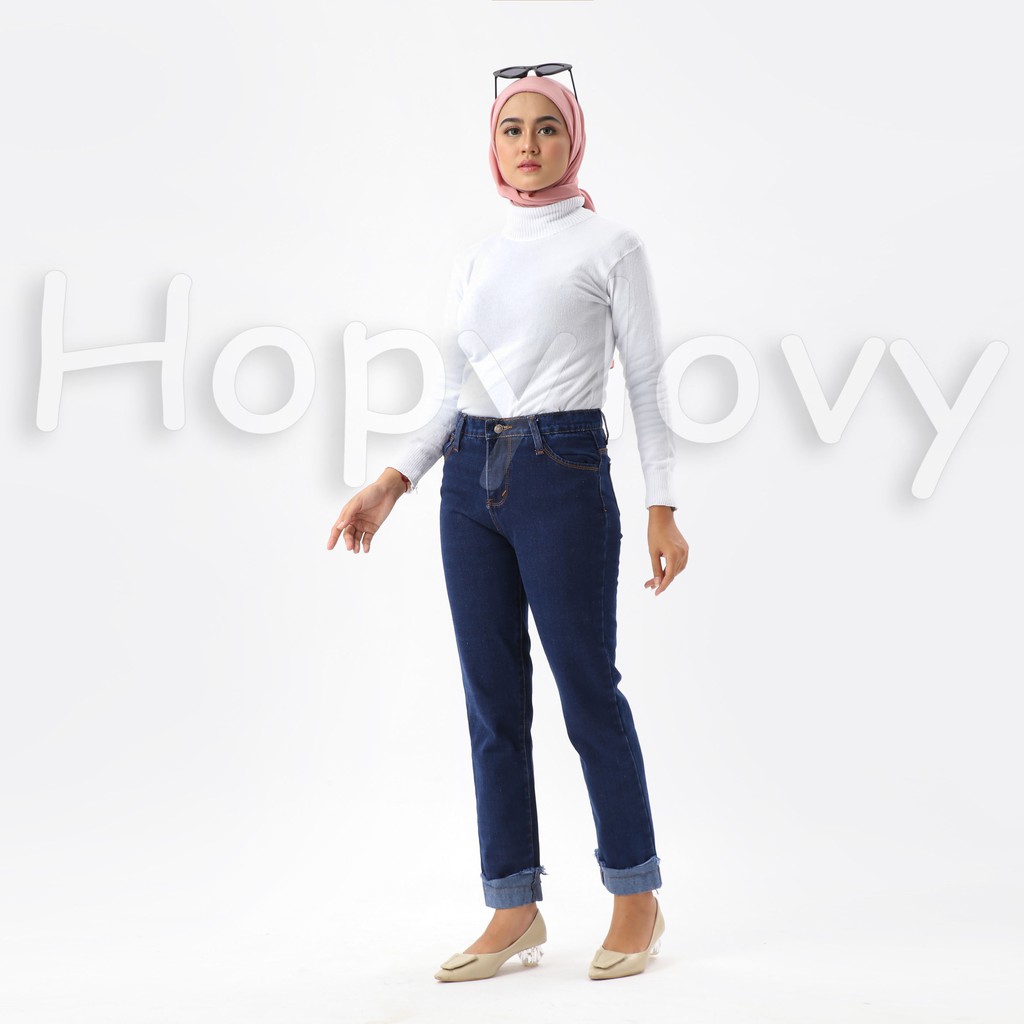 HOPYLOVY - Celana Boyfriend Jeans Wanita Model Rolled Up Rosetta