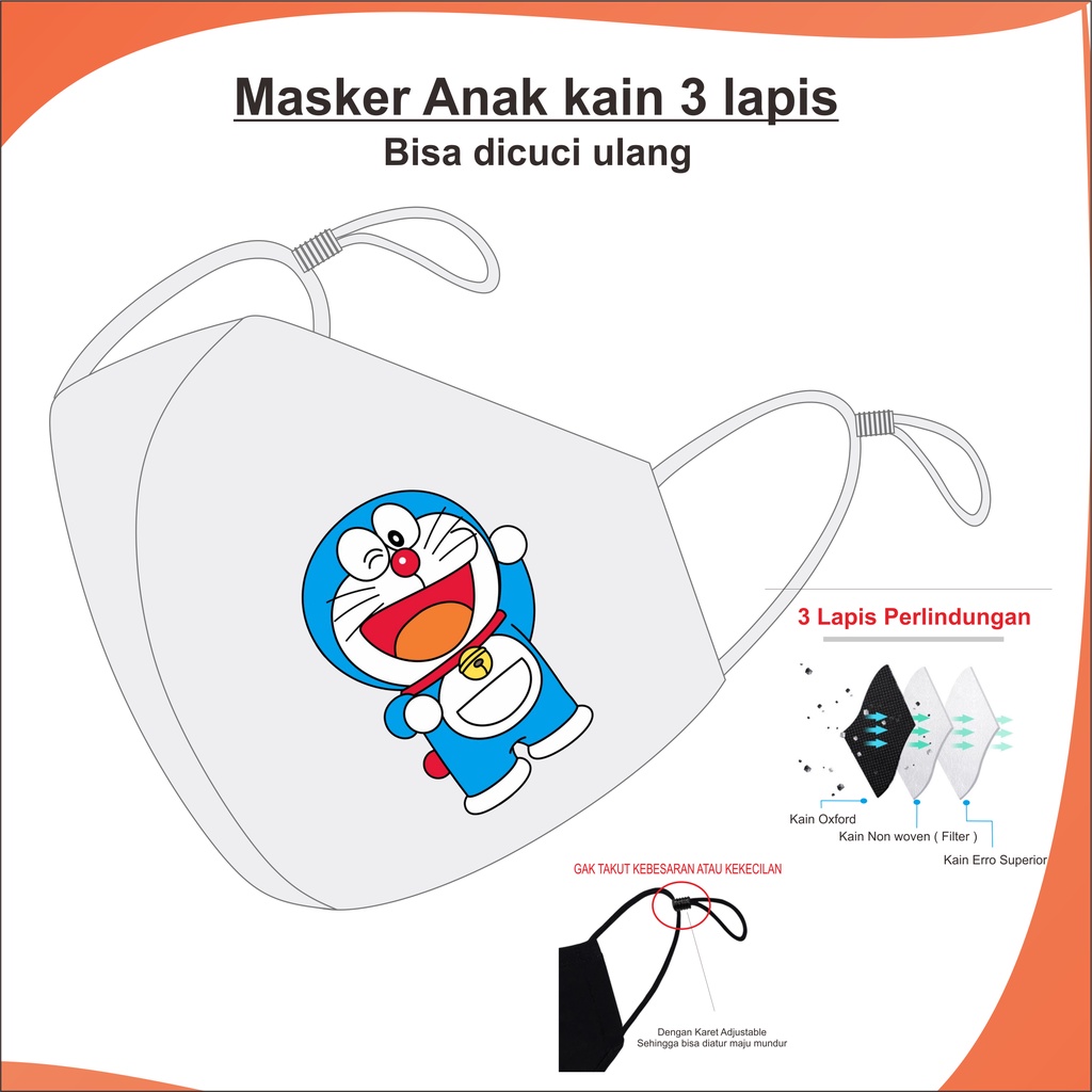 Masker Anak Masker Kain Motif Lucu Doraemon Adjustable Kain 3 Lapis Model Duckbill Bisa Dicuci Murah