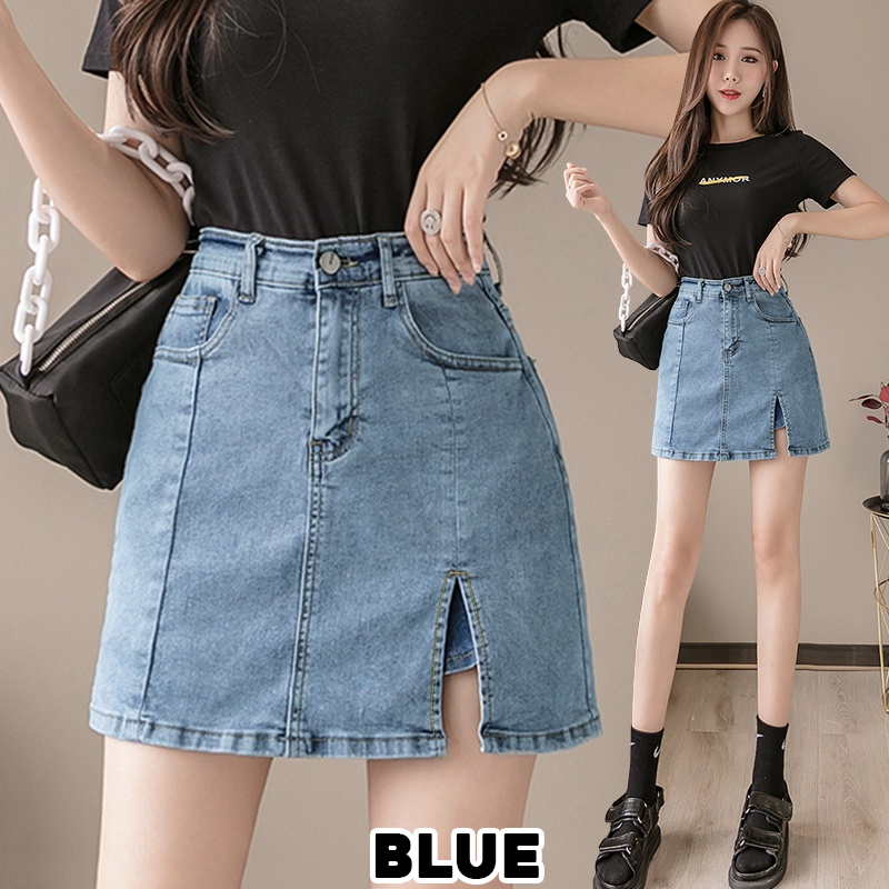 KARAKOREA 6808 Side Slit Strechable Denim Skirt with Pants/Rok Denim/Rok Jeans/Rok jeans wanita/Rok Jeans Korea/Rok wanita