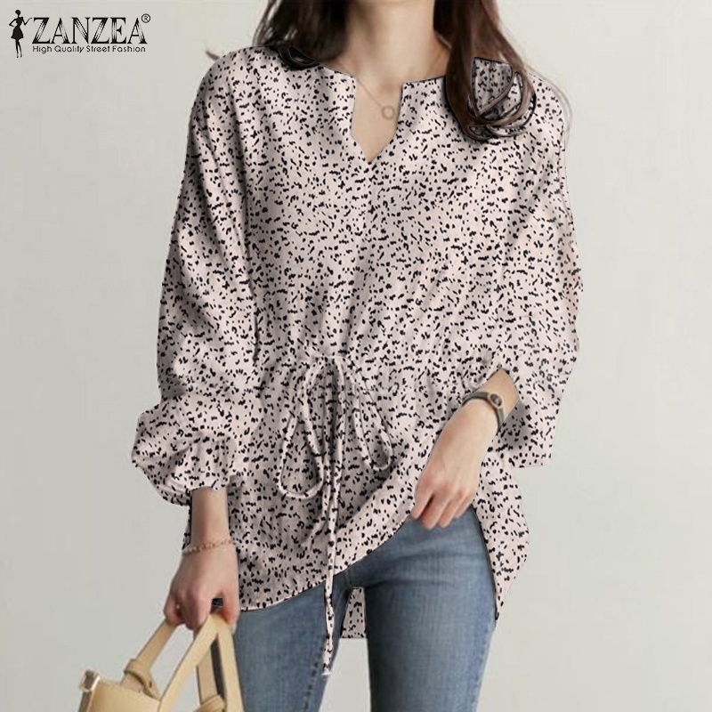 ZANZEA Fashion Women Shirt V Neck Drawstring Waist Printed Full Sleeve Casual Loose Blouse