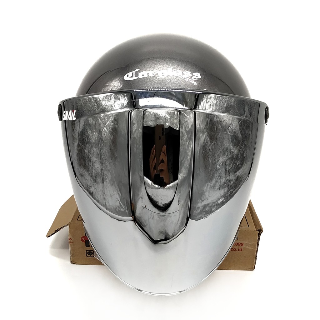 Helm Cargloss Retro Grey Glossy + Kaca Snail Silver