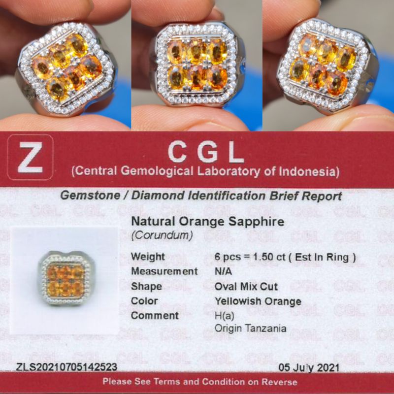 natural orange safir songea set in silver handmade memo CGL lab