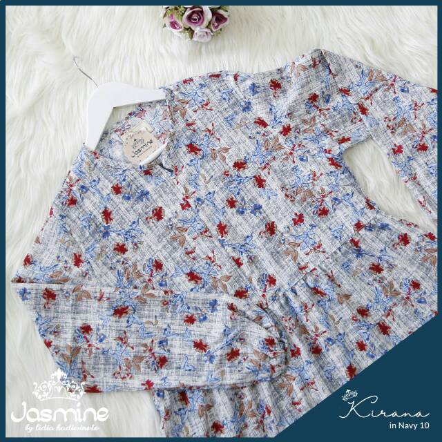 KIRANA DRESS NAVY JASMINE BY LIDIAHADIWINOTO - GAMIS SYARI BRANDED TERBARU LINEN MOTIF BUNGA ADEM