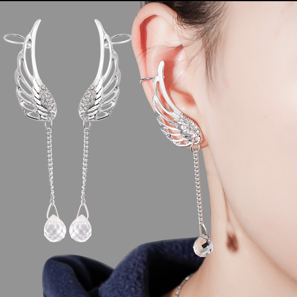 Anting Giwang Panjang Lapis Silver Model Sayap Malaikat Gaya Korea Dengan Kristal Untuk Wanita