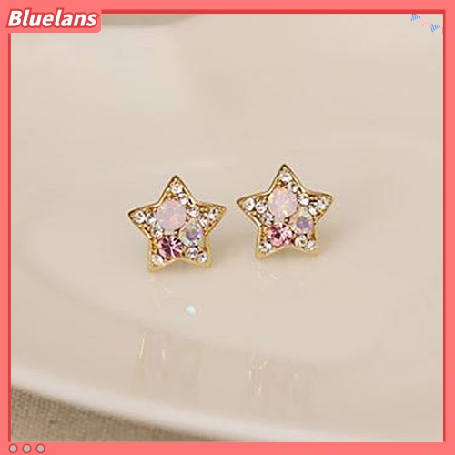 Bluelans Anting Stud Bentuk Bintang Aksen Berlian Imitasi Gaya Elegan Untuk Wanita