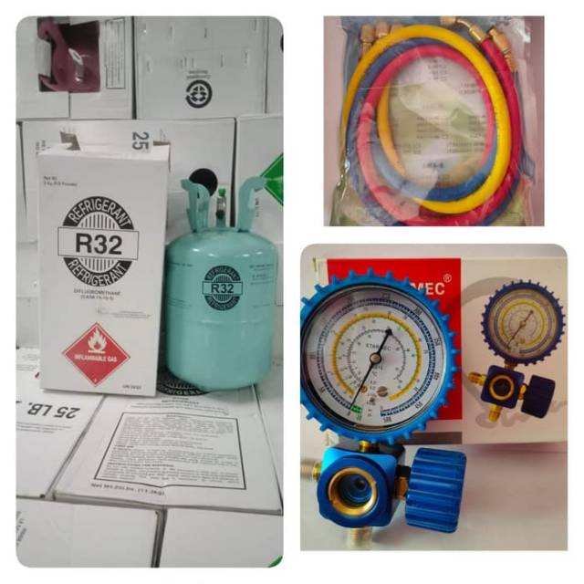 Paket Lengkap isi freon ac sendiri R32 isi 3kg tabung kecil Sightglass