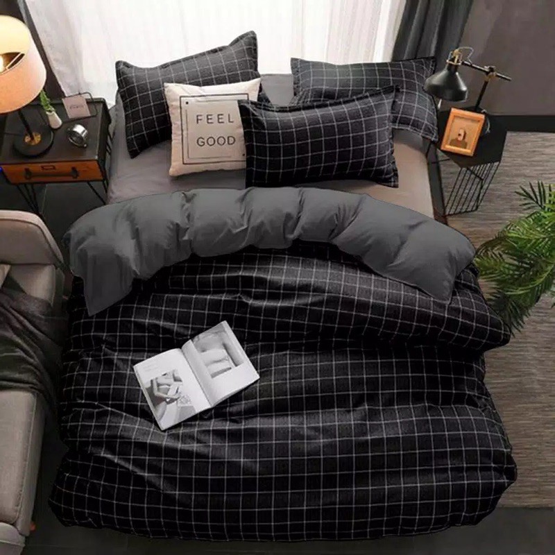 sprei motif kotak sprei kotak aesthetic hitam,abu,putih,biru(tanpa bedcover)