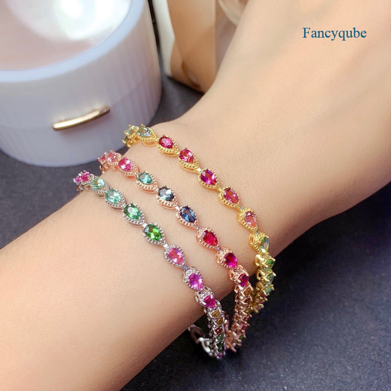 Gelang Rantai Lapis Silver S925 Hias Turmalin Warna Pelangi Untuk Wanita