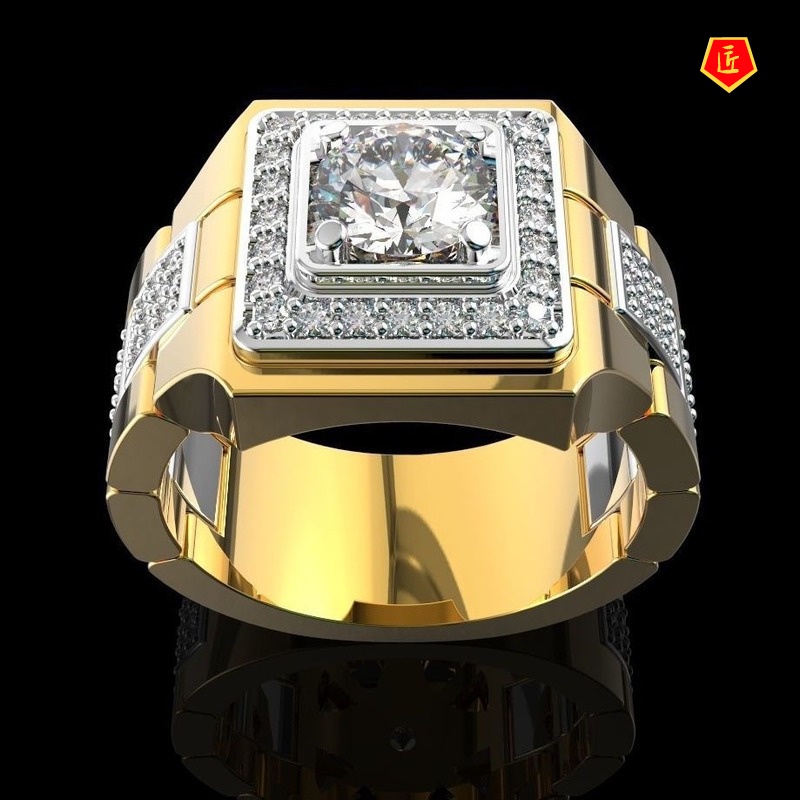 [Ready Stock]Men's Moissanite Watch Shape Ring Gold Two-Tone