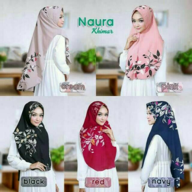 Hijab ORI Khimar Oval Printing Motif Daun Naura Syari