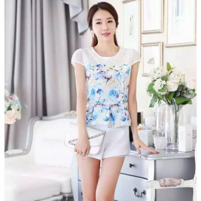 Blouse korea import wanita bahan chiffon brokat elegant