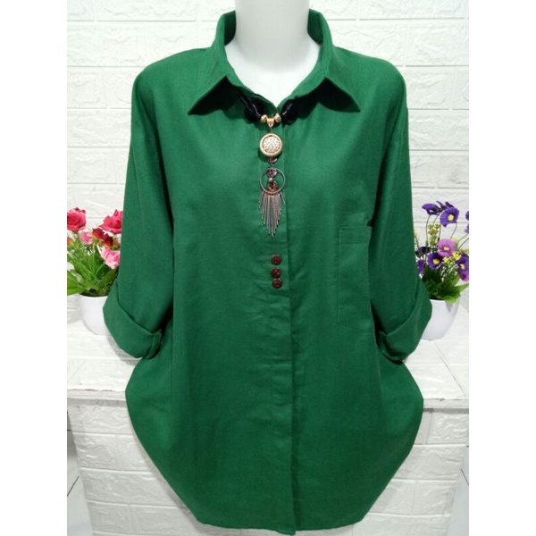 Baju atasan kemeja wanita simpel casual polos lengan panjang A 230-hijau