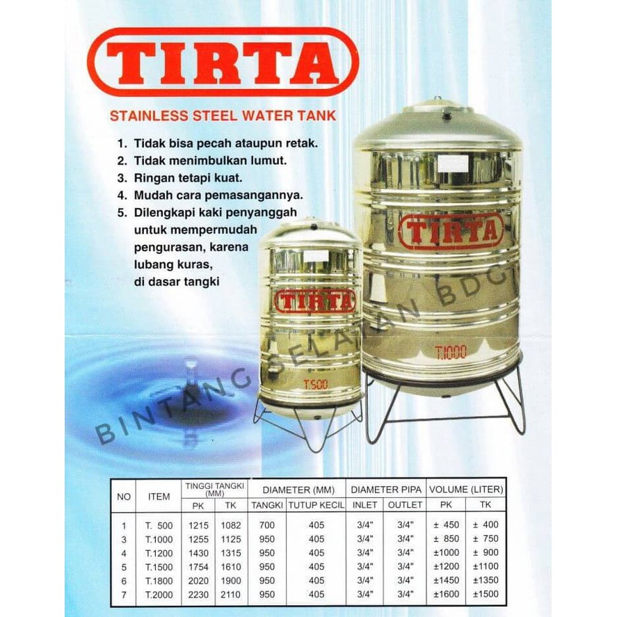 TANGKI TOREN TIRTA T1000 TK 750LITER TANPA KAKI