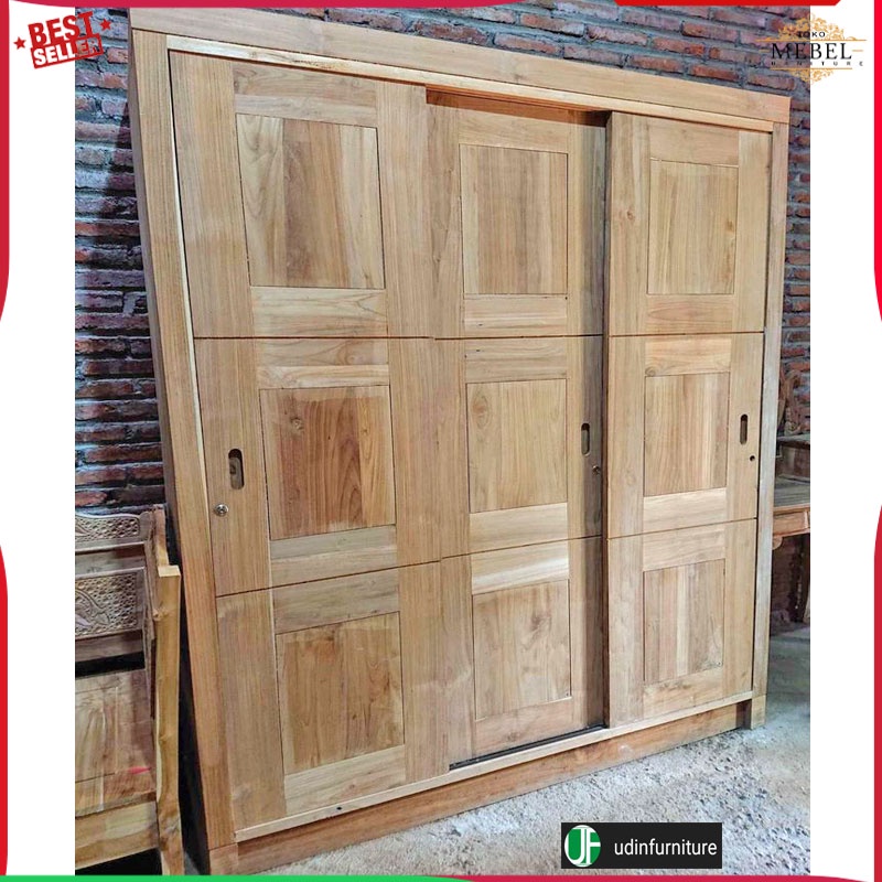 Lemari pakaian sliding 3 pintu kayu jati tua solid mentahan