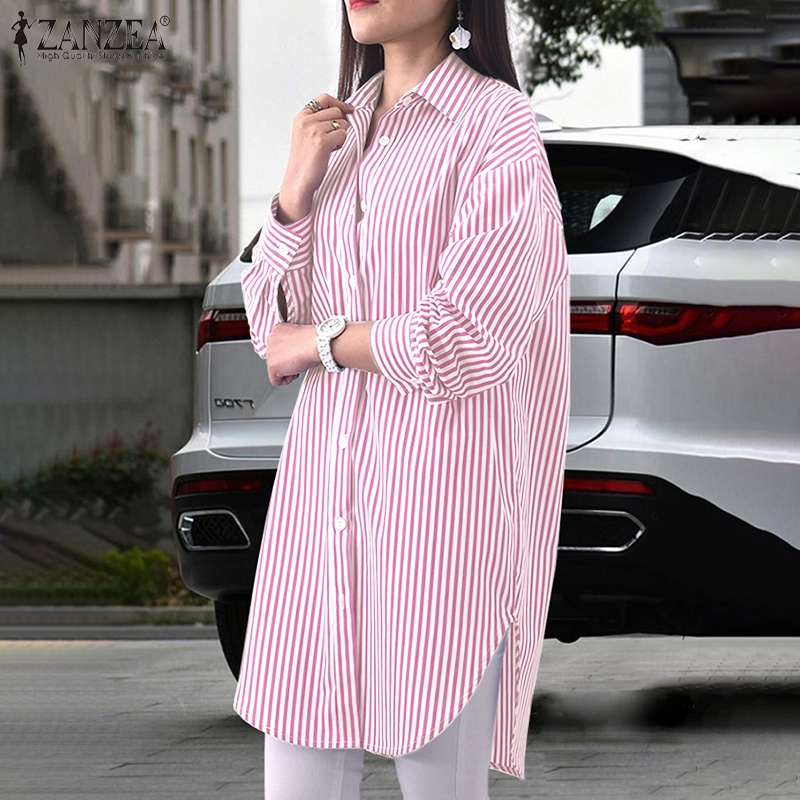 ZANZEA Women Fashion Long Sleeve Lapel Loose Stripe Printed  Button Down Blouse