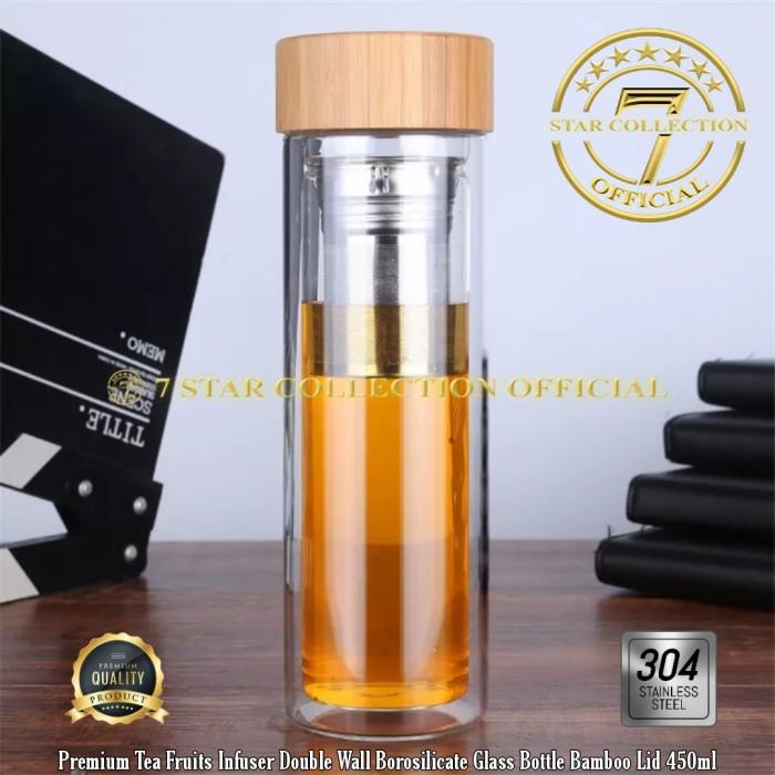 Premium Tea Fruit Infuser Double Wall Borosilicate Glass Bottle Bamboo