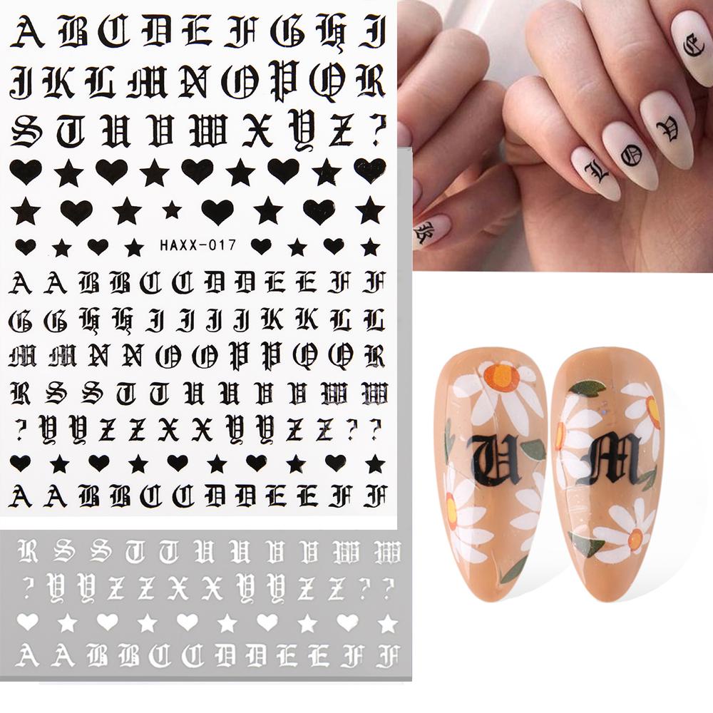 MXBEAUTY Cool Nail Stickers Gold Gothic Alphabet Decals Letter 3D Nail Art DIY Nail Decoration White Black Character Nail Glue Sticker Manicure Tools Self Adhesive Nail Foils/Multicolor