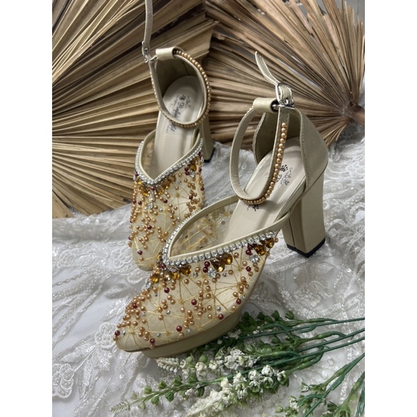 sepatu wanita wedding pesta naima gold tali 9cm tahu