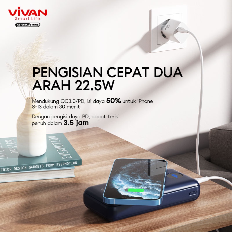 VIVAN Powerbank 20000 mAh VPB-W20 Wireless 3 Output Fast Charging 15W QC3.0 PD Support Smartphone All Type-Garansi Resmi ORIGINAL