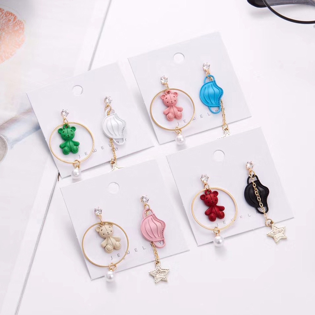 Hu Hu Hu Hu Hu Alat Bantu Pasang Kacamata♡ Anting Tusuk Gantung Wanita Asimetris Desain Beruang + Bintang + Mutiara Imitasi Untuk Hadiah