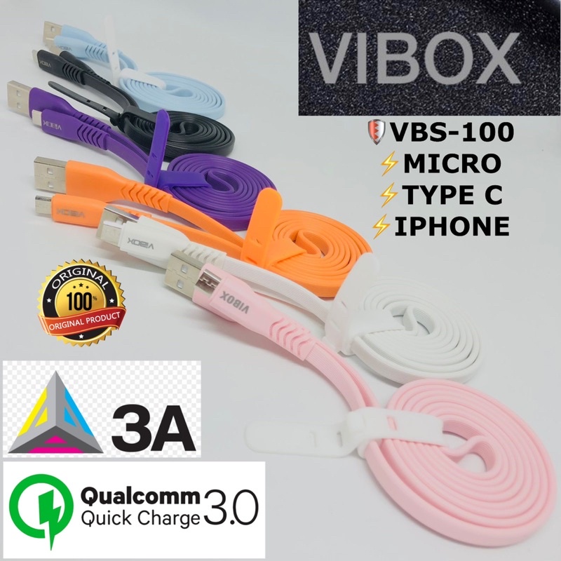 GROSIR KABEL DATA VIBOX 100CM VBS100 3A MICRO TYPE C SOFT COLOUR NEW NONPACKING