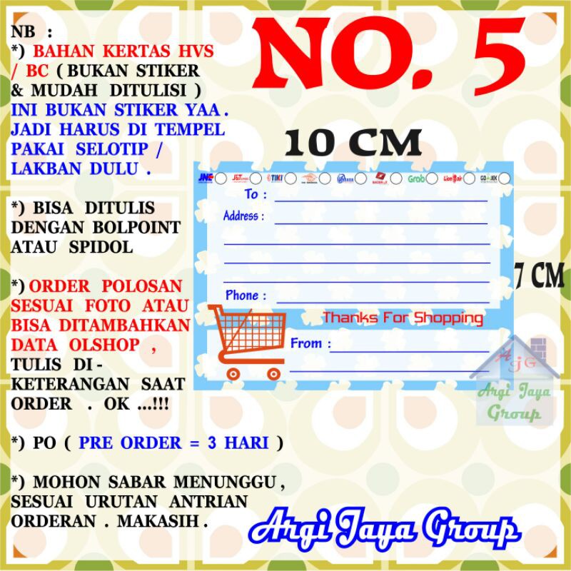 

Label Pengiriman Alamat Olshop Murah Nomer 5 - 10x7cm - Kertas BC (Manila)
