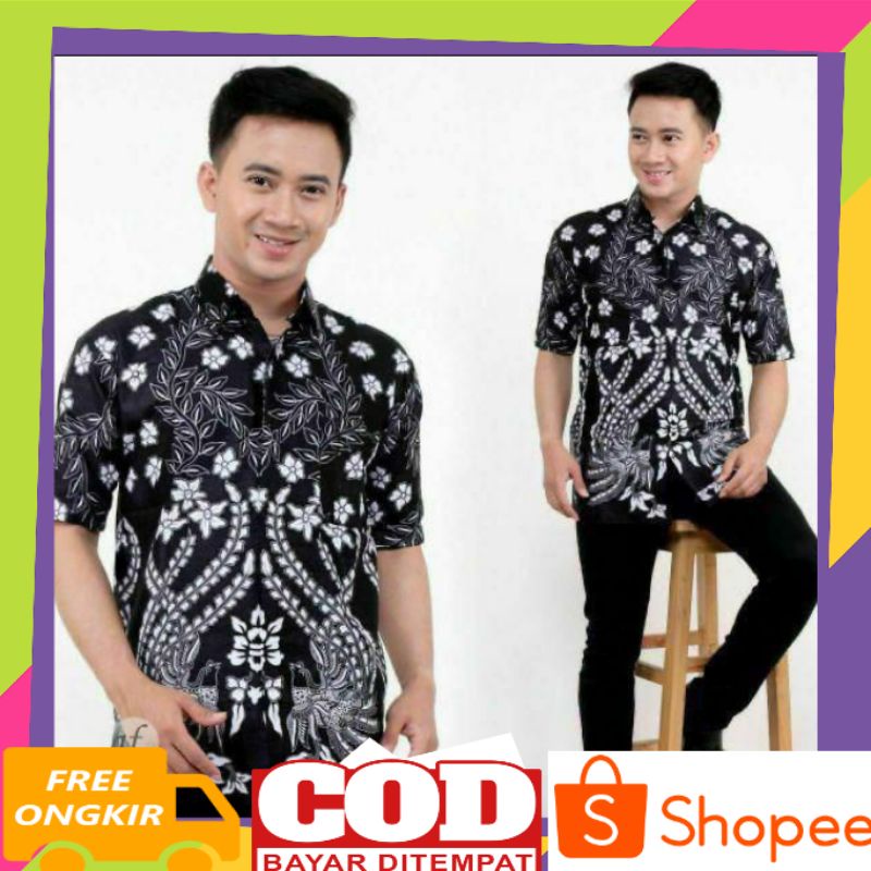 Kemeja Batik Cowok Batik Kondangan Baju Pria Lengan Pendek Corak Wulu Putih