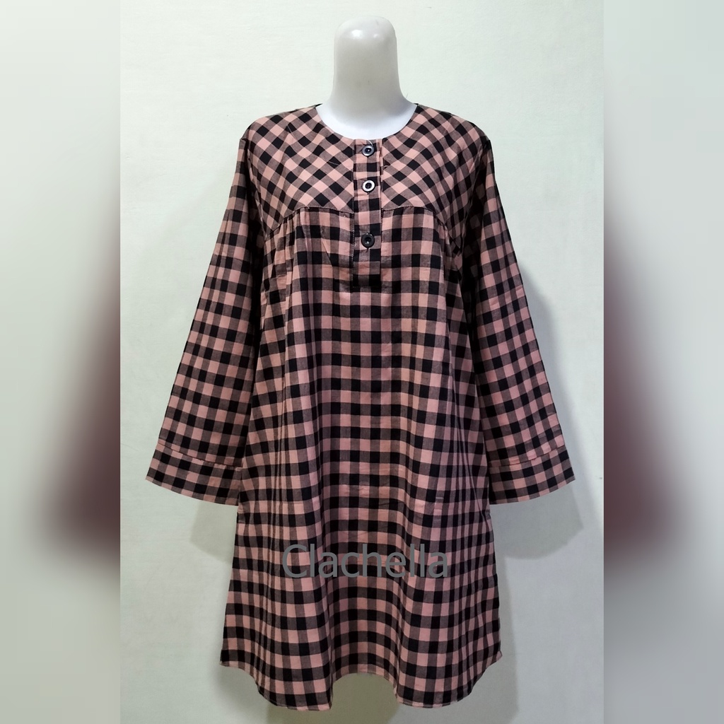 Clachella Baju Tunik Motif Kotak-Kotak, Baju Atasan Wanita T708097