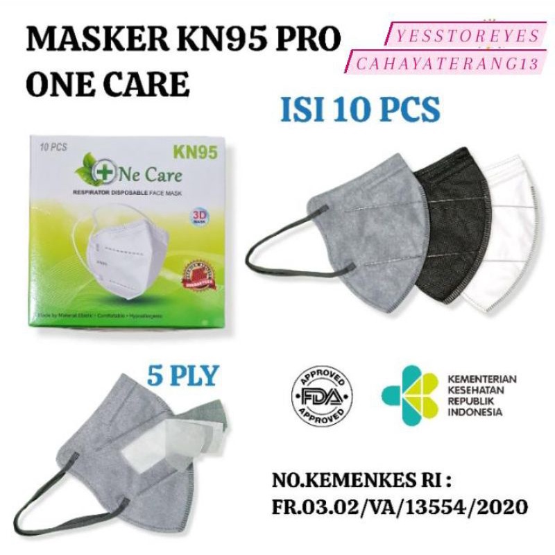 READY STOK MASKER KN95 PRO KN PRO MERK ONECARE PRO ONE CARE WARNA HITAM PUTIH ABU GREY BLACK WHITE ISI 10 LBR 5 PLY