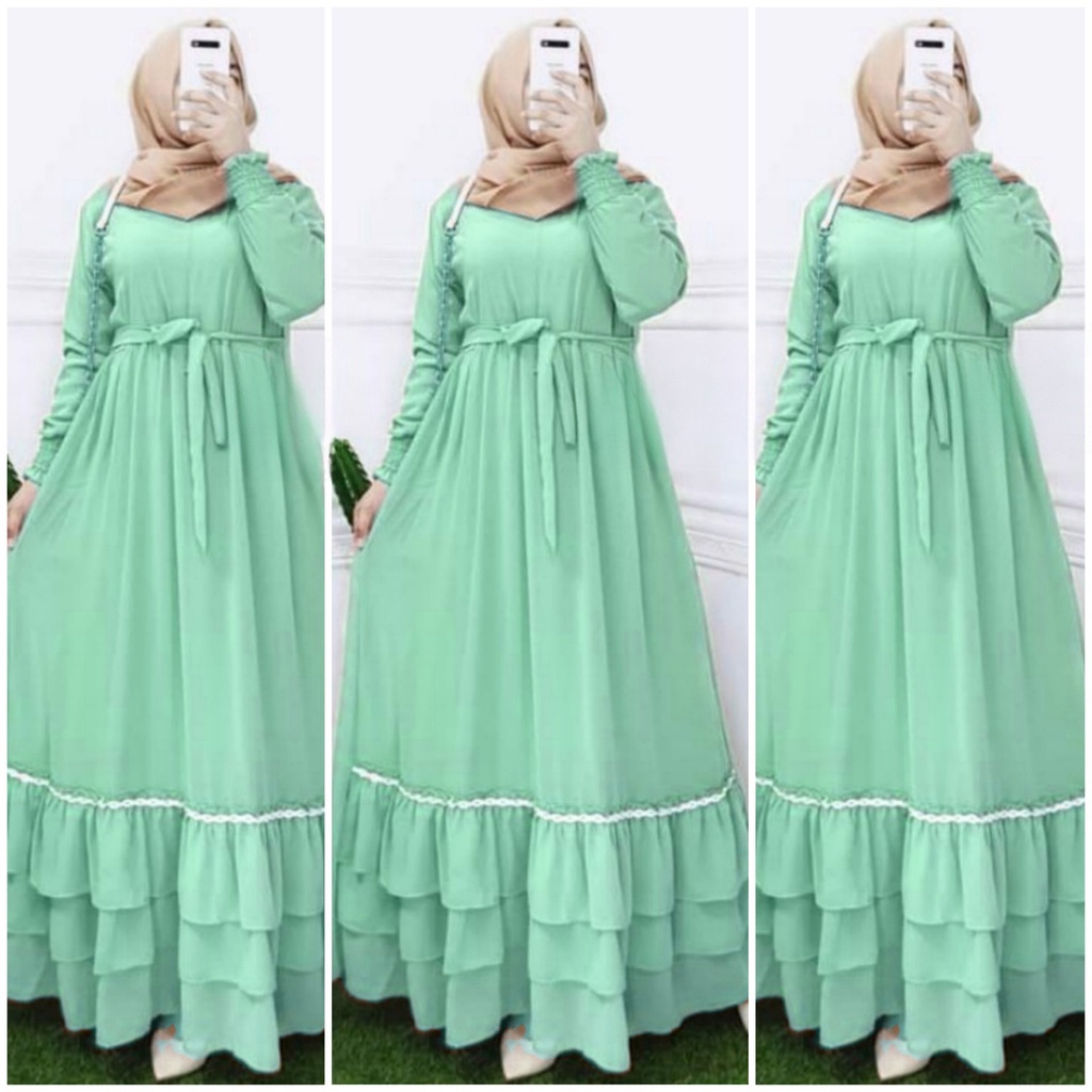 amelia maxi ceruty bebydoll renda susun /gamis syarii ceruty bebydoll motif/ gamis  fashion muslim terbaru