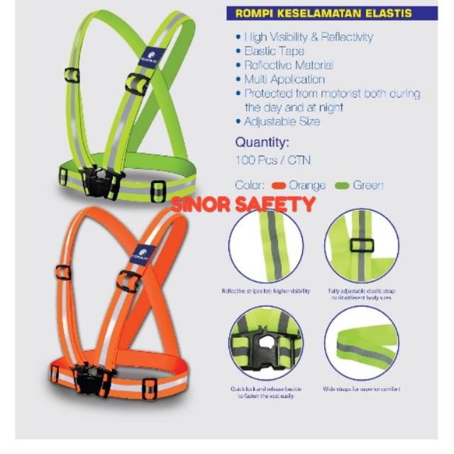 Rompi V Karet Elastis Proyek Reflective Strape Safety Sepeda dan Lari -  ORANGE dan HIJAU