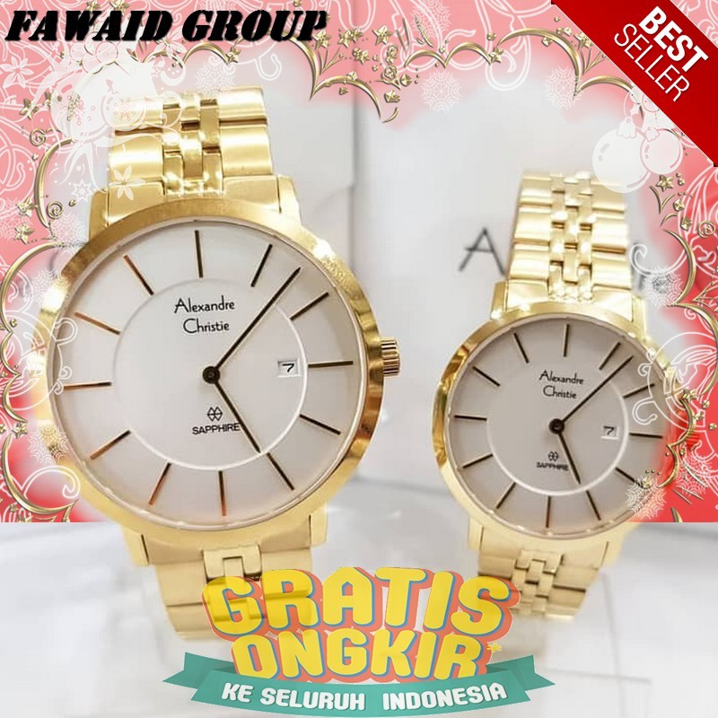 BEST SELLER JAM TANGAN WANITA ALEXANDRE CHRISTIE 8543 COUPLE HARGA SATUAN GOLD WHITE KACA SAPPHIRE