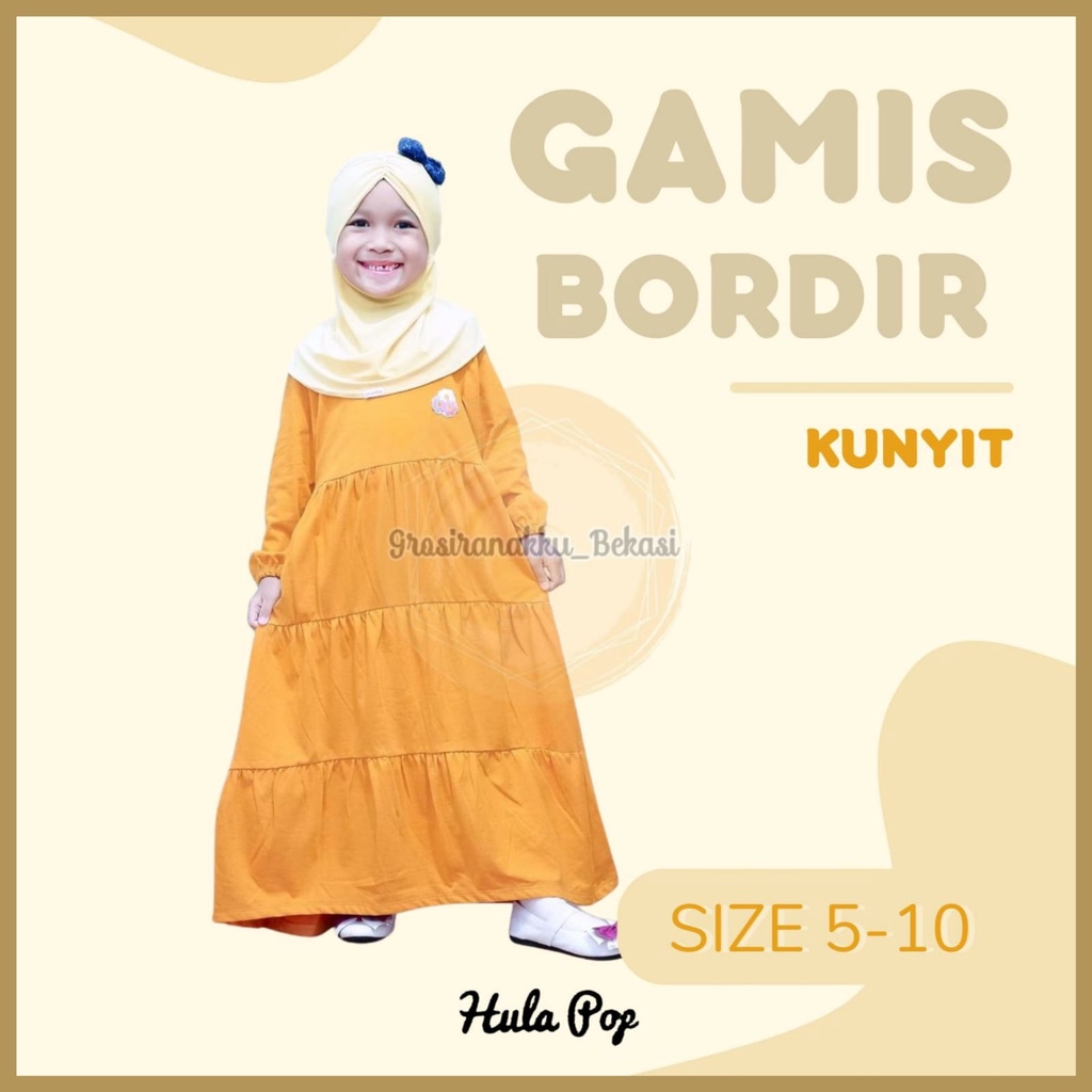 Gamis Kaos Anak Aplikasi Bordir Warna Kuning Kunyit Size 5-10Tahun