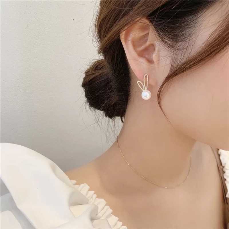 Anting Tusuk Bentuk Telinga Kelinci Aksen Mutiara Gaya Korea