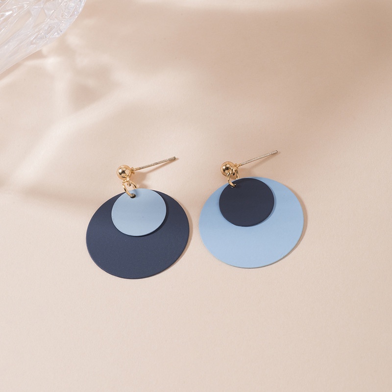 Anting S925 silver needle Bentuk Bulat Model Lapis Ganda Warna Biru Untuk Wanita