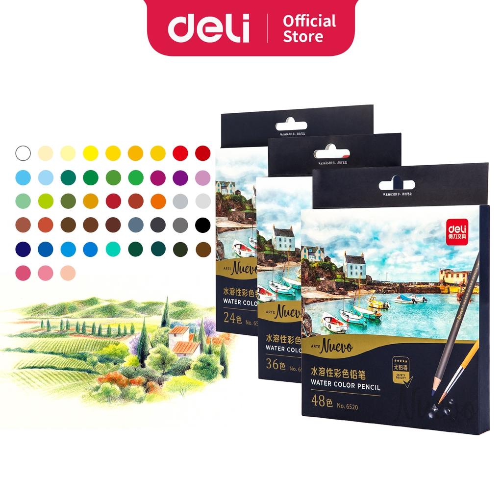 

Deli pensil warna 24 36 48C watercolor dengan kuas non-toxic, dapat dicuci dan teknologi hybrid 65X0