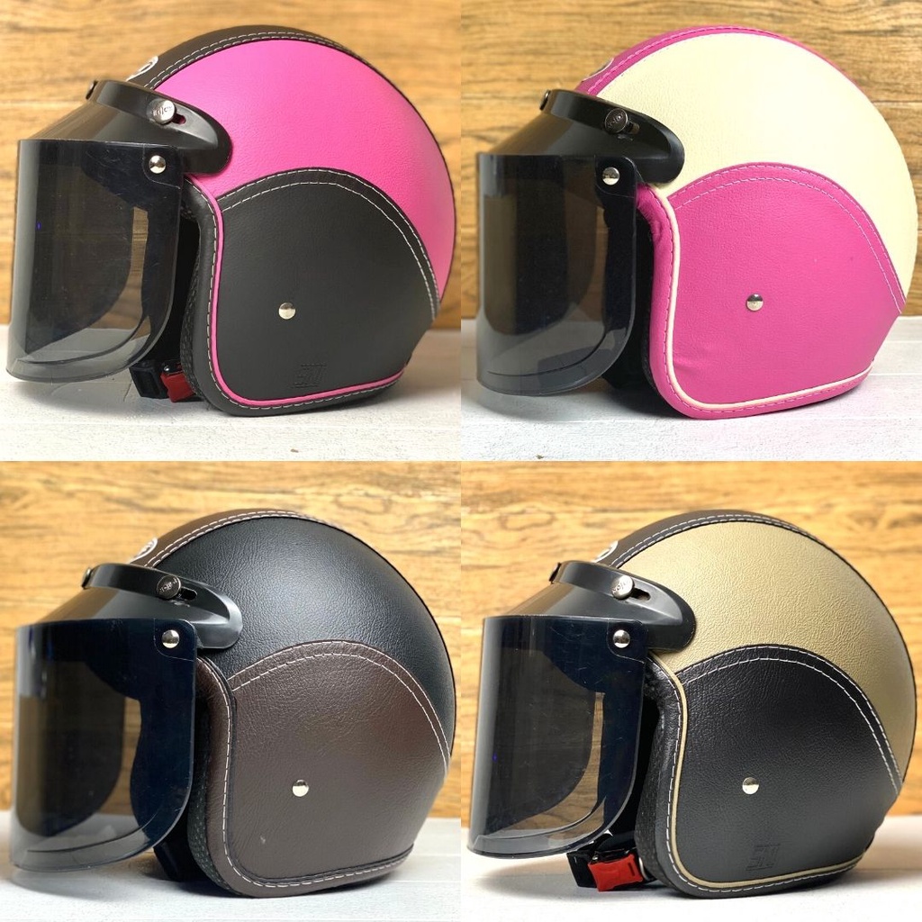 Helm Bogo Retro Kulit Full Leher Dewasa SNI Kaca Datar